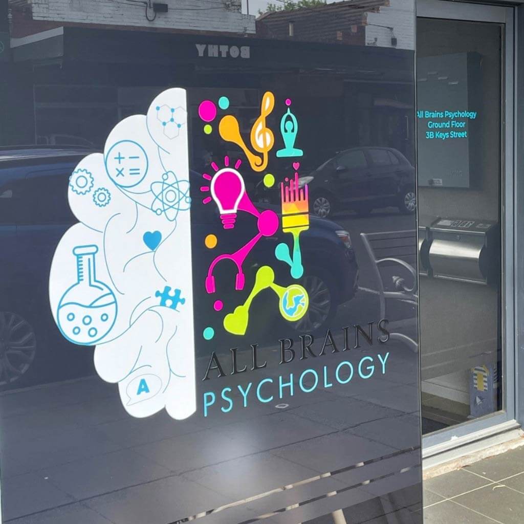 All Brains Psychology window signage